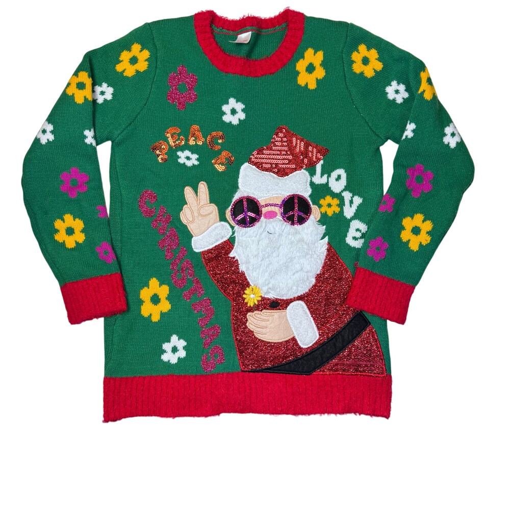 Holiday Time Ugly Christmas Sweater Girls Size XL 14-16 Santa Sequins